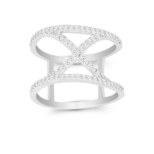 Sterling Silver Double CZ Wire with Center CZ "X" Wide Ring - HK Jewels