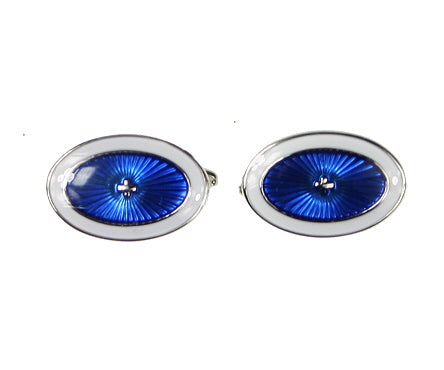 Rhodium Plated Blue Starburst Oval Cufflinks - HK Jewels