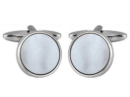 Rhodium Plated Circle Mother of Pearl Cufflinks - HK Jewels