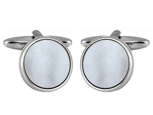 Rhodium Plated Circle Mother of Pearl Cufflinks - HK Jewels