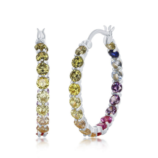 Sterling Silver 3x25mm Inside-Outside Rainbow CZ Hoop Earrings - HK Jewels