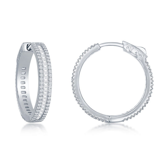 Sterling Silver Baguette CZ 25mm Hoop Earrings - HK Jewels