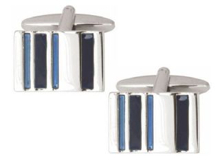 2-Tone Blue Bars Shiny Rectangle Rhodium Cufflinks - HK Jewels
