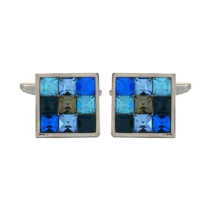 Square Rhodium Plated Cufflinks with Blue Crystals - HK Jewels