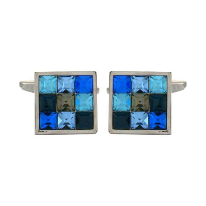 Square Rhodium Plated Cufflinks with Blue Crystals - HK Jewels