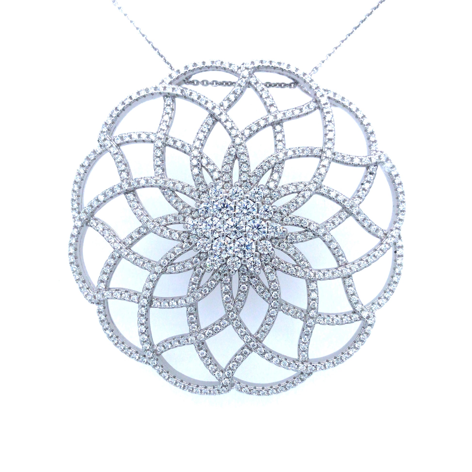 Sterling Silver Round Flower CZ Pendant - HK Jewels