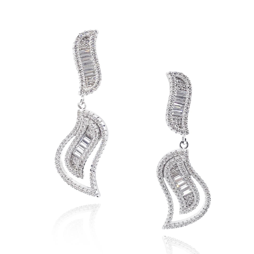 Sterling Silver Micro Pave and Baguette CZ Leaf Earrings - HK Jewels