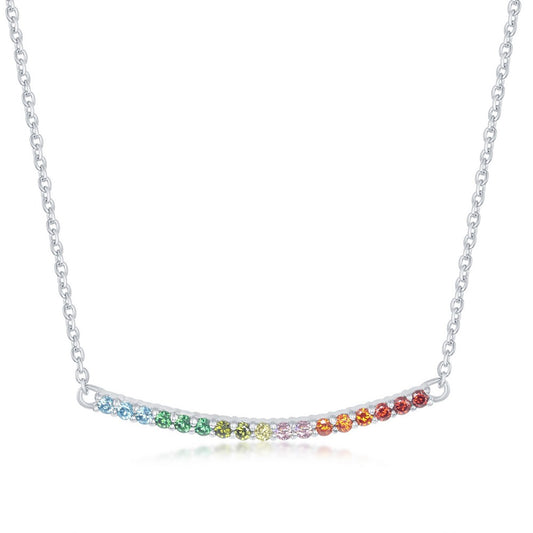 Sterling Silver Rainbow CZ Curved Bar Necklace - HK Jewels