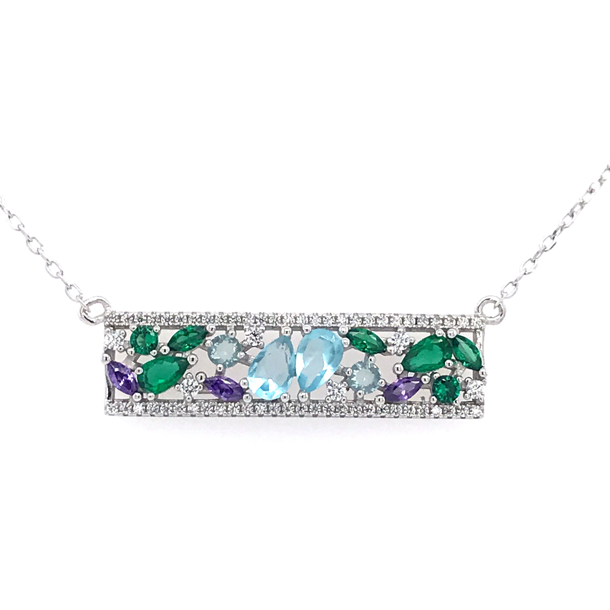 Sterling Silver Multicolor Stone Bar Necklace - HK Jewels