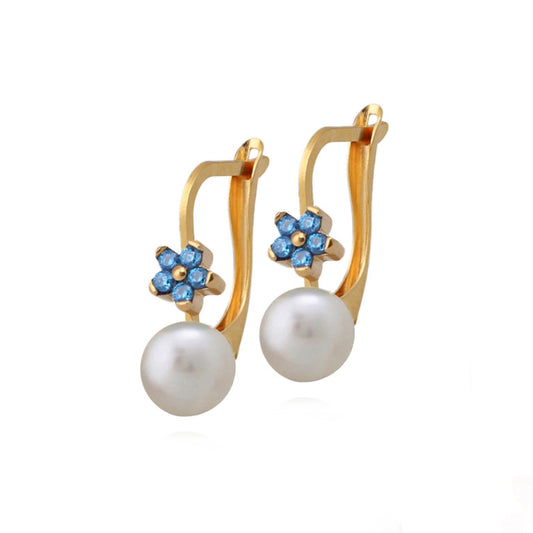 Surgical Steel Pearl Blue Flower Earrings - HK Jewels