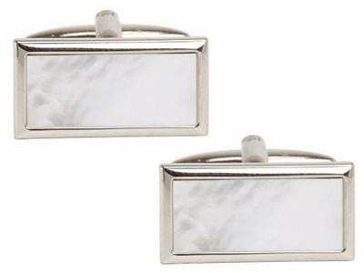 Rhodium Plated Mother of Pearl Rectangle Cufflinks - HK Jewels