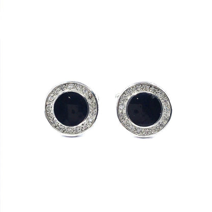Sterling Silver Black Circle With CZ Border Cufflinks - HK Jewels
