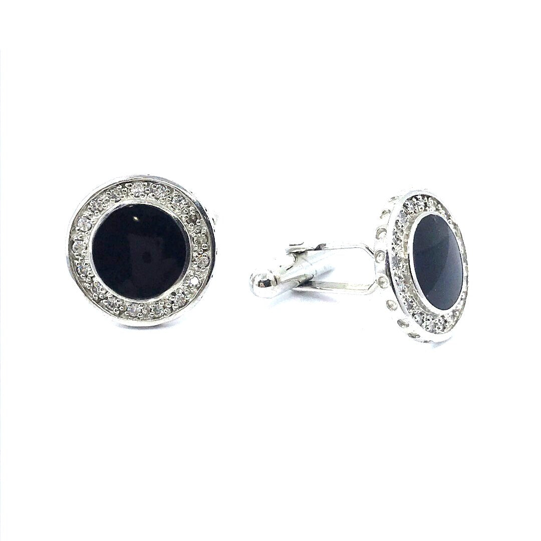 Sterling Silver Black Circle With CZ Border Cufflinks - HK Jewels