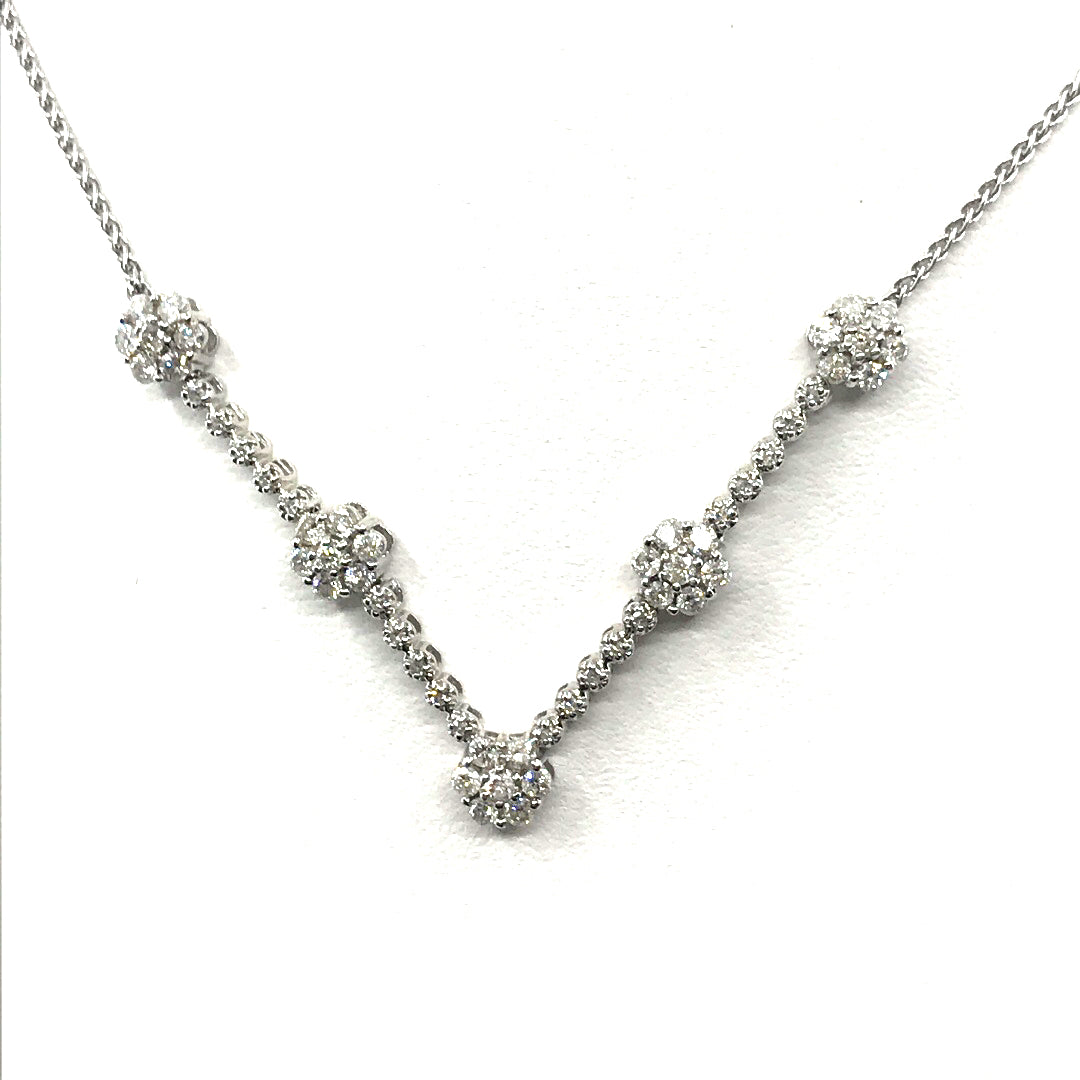 14K White Gold Flower V-Shaped Necklace - HK Jewels