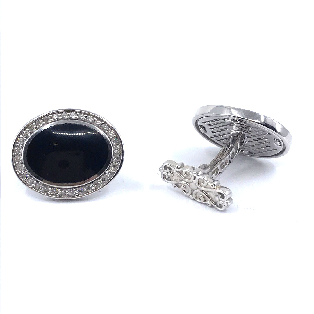Sterling Silver Black Oval Cufflinks With CZ Border - HK Jewels