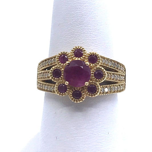 14K Gold Ruby Flower Ring - HK Jewels