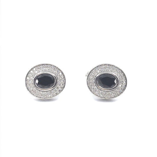 Sterling Silver Black Oval Cufflinks With Two Row CZ Border - HK Jewels