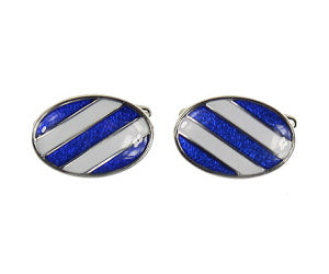 Rhodium Plated Blue and White Oval Cufflinks - HK Jewels